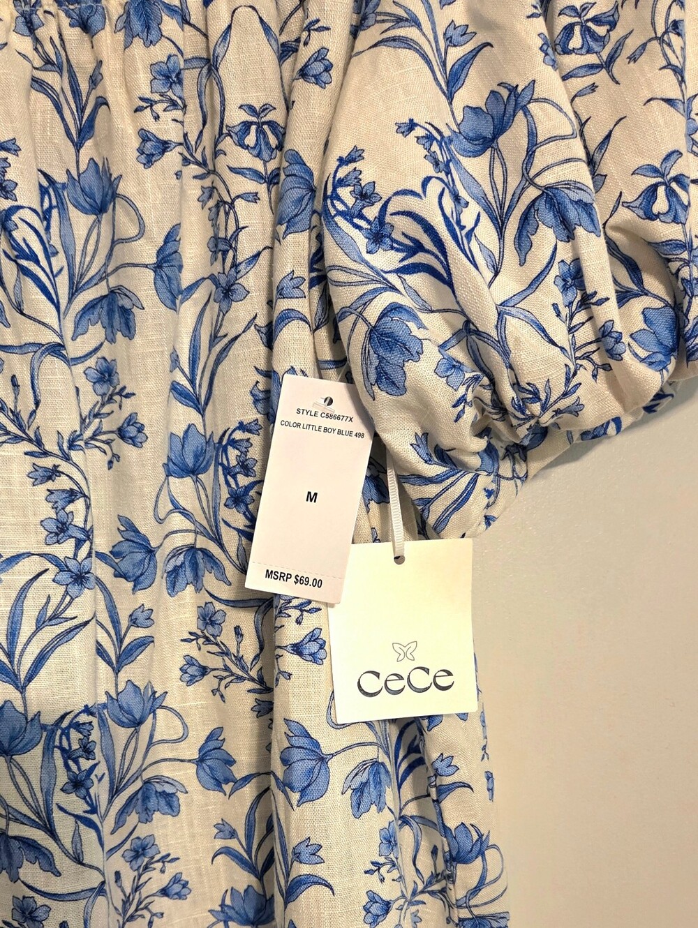 NWT CeCe Blue & White Bubble Sleeve Top Toile Floral Linen Blend Medium (F30) - Picture 4 of 9